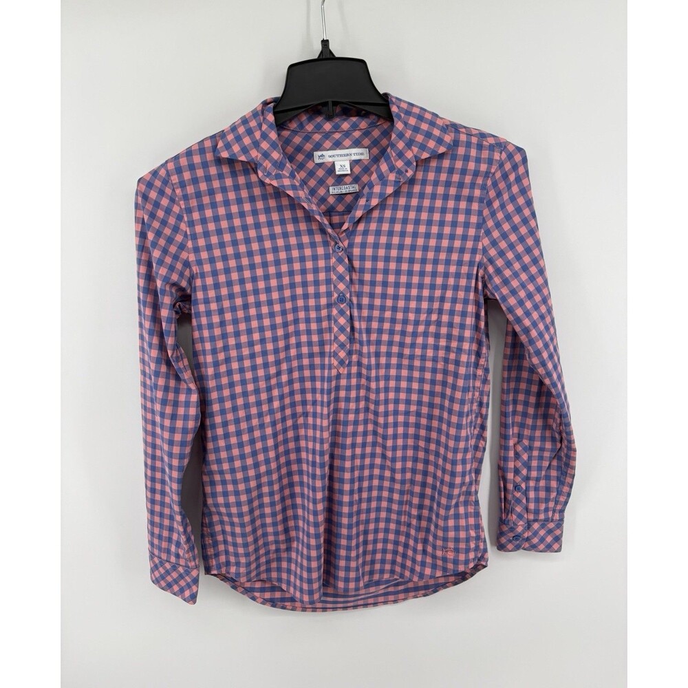 Southern Tide Intercoastal Plaid Long Sleeve Women’s Polo Pink Blue Size XS